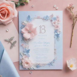 Fairy-themed, ethereal 18th birthday invitation including floral designs and diamond accents, presented in rose quartz and serenity colors.