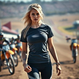 A stunning photo of a young and beautiful woman with platinum blond hair walking confidently in a motocross racetrack during a race