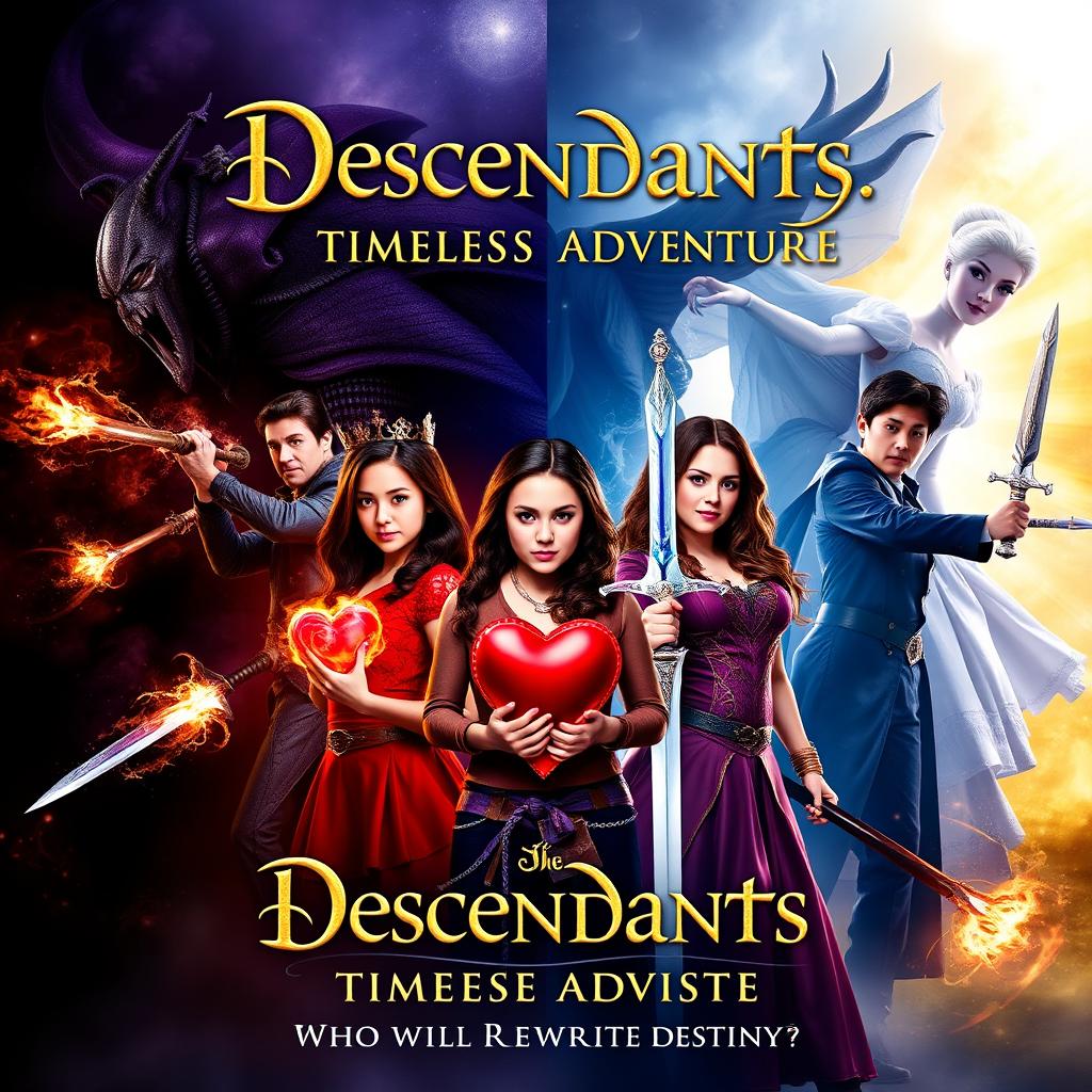 A dramatic movie poster for "Descendants: Timeless Adventure," featuring Red (resembling Kylie Cantrell) and Chloe (resembling Malia Baker) at the center