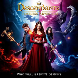 A dramatic movie poster for "Descendants: Timeless Adventure," featuring Red (resembling Kylie Cantrell) and Chloe (resembling Malia Baker) at the center