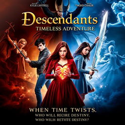 A dramatic movie poster for "Descendants: Timeless Adventure," featuring Red (resembling Kylie Cantrell) and Chloe (resembling Malia Baker) at the center