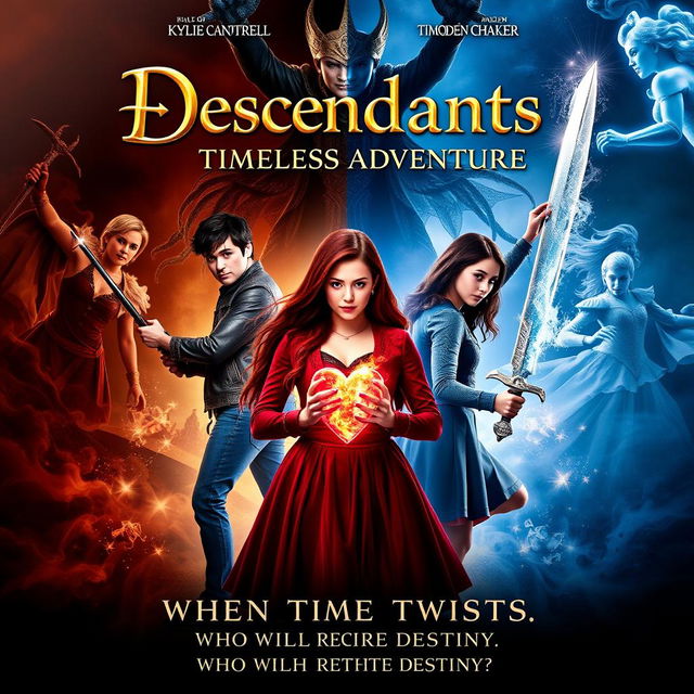 A dramatic movie poster for "Descendants: Timeless Adventure," featuring Red (resembling Kylie Cantrell) and Chloe (resembling Malia Baker) at the center