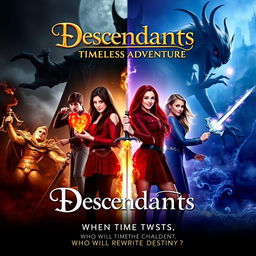 A dramatic movie poster for "Descendants: Timeless Adventure," featuring Red (resembling Kylie Cantrell) and Chloe (resembling Malia Baker) at the center