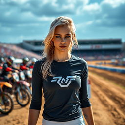 A full-body photo of a stunning young and beautiful woman with platinum blond hair walking confidently in the pits of a motocross racetrack during a race