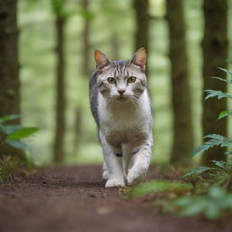 A sleek and agile cat on the prowl, its eyes gleaming with intensity as it stalks silently, ready to pounce on unsuspecting prey, against a backdrop of dense green forest.