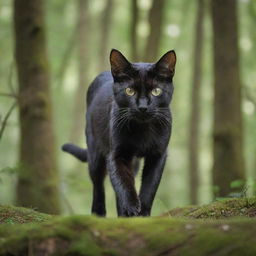 A sleek and agile cat on the prowl, its eyes gleaming with intensity as it stalks silently, ready to pounce on unsuspecting prey, against a backdrop of dense green forest.