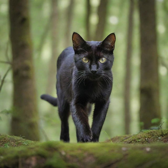 A sleek and agile cat on the prowl, its eyes gleaming with intensity as it stalks silently, ready to pounce on unsuspecting prey, against a backdrop of dense green forest.