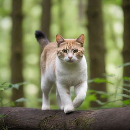 A sleek and agile cat on the prowl, its eyes gleaming with intensity as it stalks silently, ready to pounce on unsuspecting prey, against a backdrop of dense green forest.