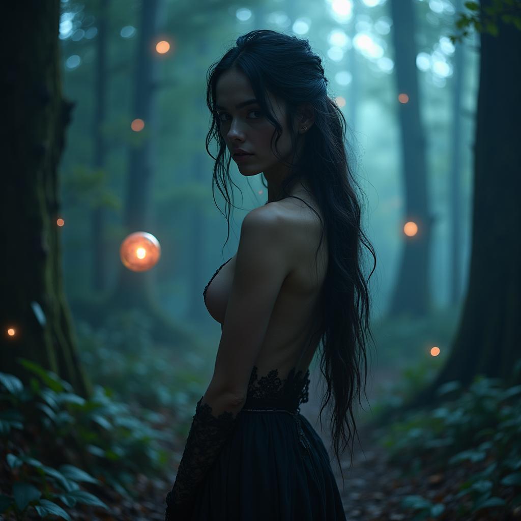 A mystical and alluring witch standing confidently in an enchanted forest, her long, flowing hair cascading down her back and subtly covering parts of her bare body