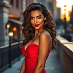 A sexy and confident woman with captivating eyes and a sultry smile, wearing a stylish and form-fitting red dress that accentuates her figure