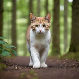 A sleek and agile cat on the prowl, its eyes gleaming with intensity as it stalks silently, ready to pounce on unsuspecting prey, against a backdrop of dense green forest.