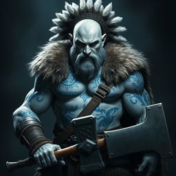 A fierce barbarian with pale gray skin showcasing intricate blue Nordic tattoos across his body stands powerfully