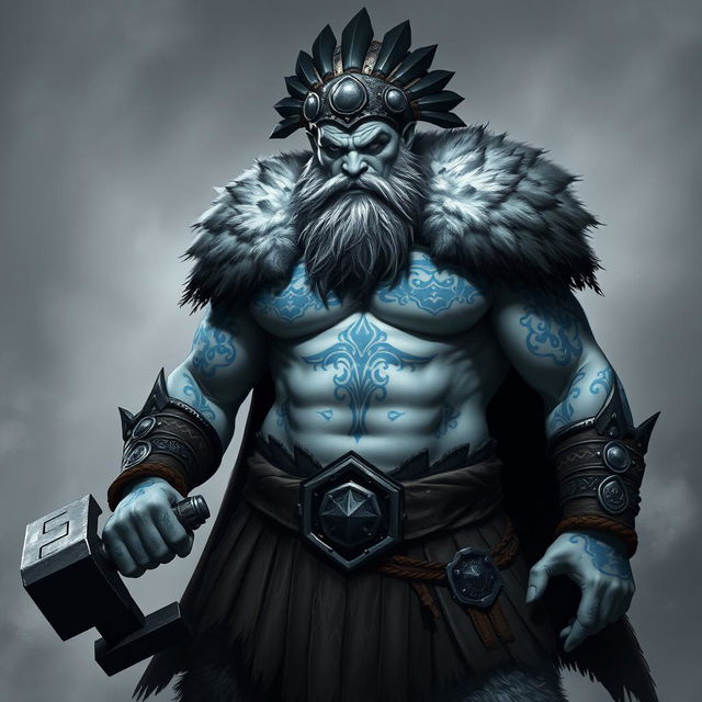 A fierce barbarian with pale gray skin showcasing intricate blue Nordic tattoos across his body stands powerfully