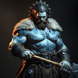 A fierce barbarian with pale gray skin showcasing intricate blue Nordic tattoos across his body stands powerfully