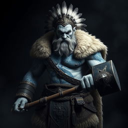 A fierce barbarian with pale gray skin showcasing intricate blue Nordic tattoos across his body stands powerfully