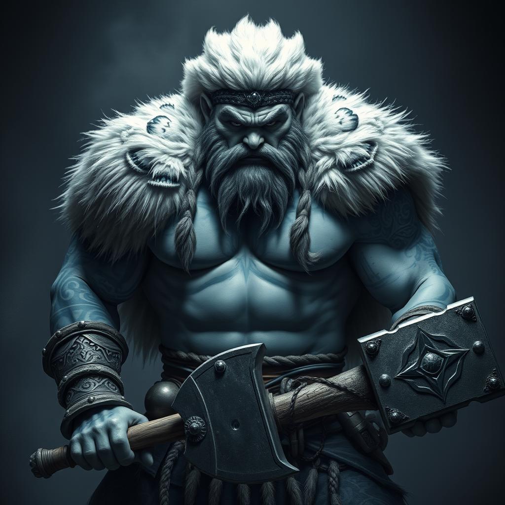 A fierce barbarian with pale gray skin showcasing intricate blue Nordic tattoos across his body stands powerfully