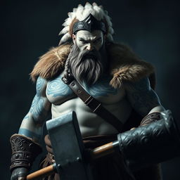 A fierce barbarian with pale gray skin showcasing intricate blue Nordic tattoos across his body stands powerfully