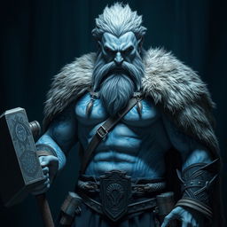 A fierce barbarian with pale gray skin showcasing intricate blue Nordic tattoos across his body stands powerfully