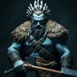 A fierce barbarian with pale gray skin showcasing intricate blue Nordic tattoos across his body stands powerfully