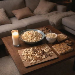 A cozy night scene with a puzzle spread out on a coffee table, illuminated by warm lamp light, accompanied by a variety of snacks like popcorn, pretzels and cookies around.