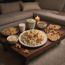 A cozy night scene with a puzzle spread out on a coffee table, illuminated by warm lamp light, accompanied by a variety of snacks like popcorn, pretzels and cookies around.