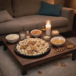 A cozy night scene with a puzzle spread out on a coffee table, illuminated by warm lamp light, accompanied by a variety of snacks like popcorn, pretzels and cookies around.