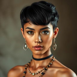 Create an image of a 30-year-old woman with a youthful appearance and a striking Chanel cut black hairdo