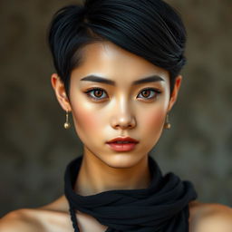 Create an image of a 30-year-old woman with a youthful appearance and a striking Chanel cut black hairdo