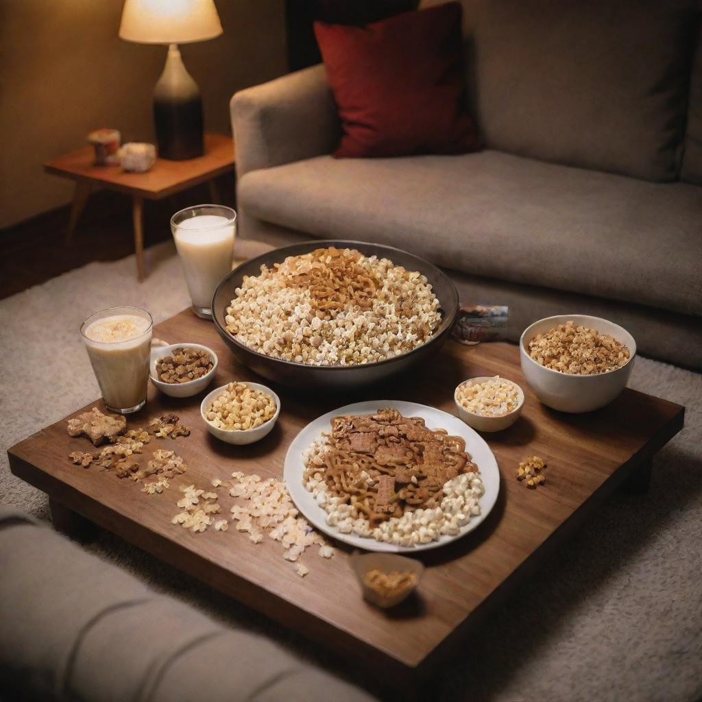 A cozy night scene with a puzzle spread out on a coffee table, illuminated by warm lamp light, accompanied by a variety of snacks like popcorn, pretzels and cookies around.