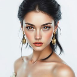 Create an image of a 30-year-old woman with a youthful appearance, featuring shoulder-length black hair that contrasts beautifully with her fair white skin