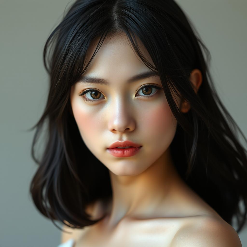 Create an image of a 30-year-old woman with a youthful appearance, featuring shoulder-length black hair that contrasts beautifully with her fair white skin