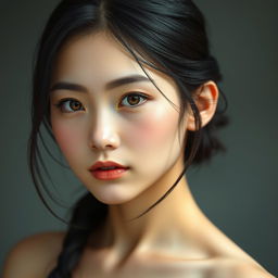 Create an image of a 30-year-old woman with a youthful appearance, featuring shoulder-length black hair that contrasts beautifully with her fair white skin