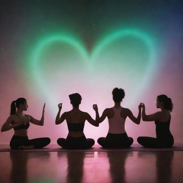 A serene imagery of a group of diverse women doing body flow exercises, enveloped by a symbolic heart-shaped aurora. The atmosphere is calming, representing a heart-opening meditation at the end of a Valentine's Day event.