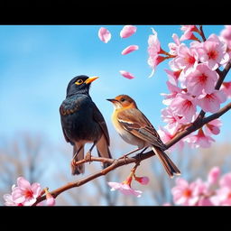 A vibrant and detailed depiction of a myna and a sparrow perched on a blossoming cherry tree branch