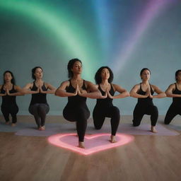 A serene imagery of a group of diverse women doing body flow exercises, enveloped by a symbolic heart-shaped aurora. The atmosphere is calming, representing a heart-opening meditation at the end of a Valentine's Day event.