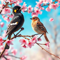 A vibrant and detailed depiction of a myna and a sparrow perched on a blossoming cherry tree branch