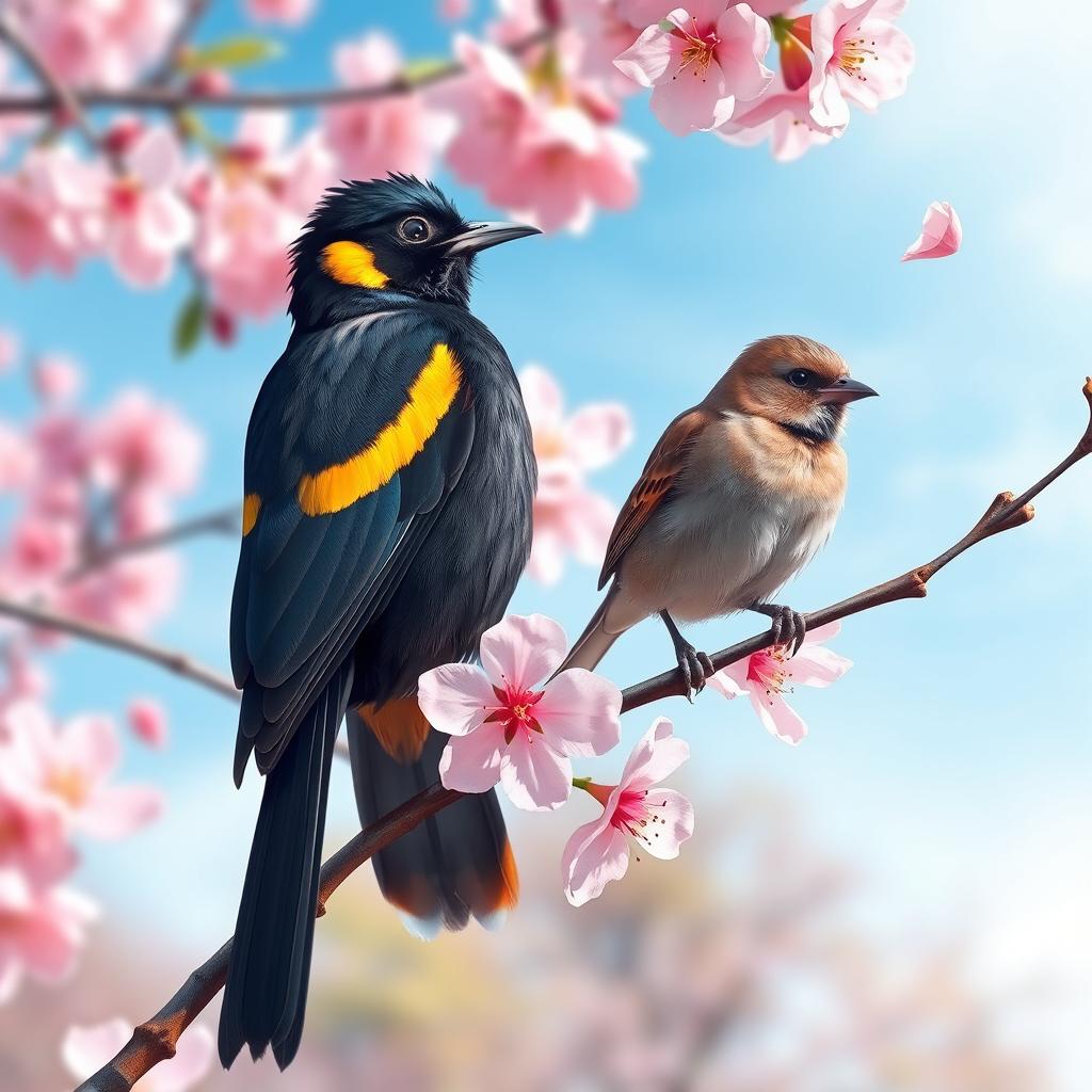 A vibrant and detailed depiction of a myna and a sparrow perched on a blossoming cherry tree branch