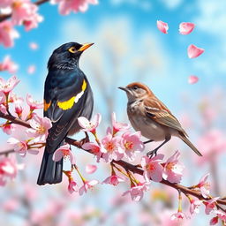 A vibrant and detailed depiction of a myna and a sparrow perched on a blossoming cherry tree branch