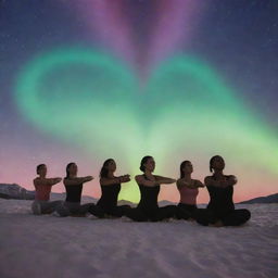 A serene imagery of a group of diverse women doing body flow exercises, enveloped by a symbolic heart-shaped aurora. The atmosphere is calming, representing a heart-opening meditation at the end of a Valentine's Day event.