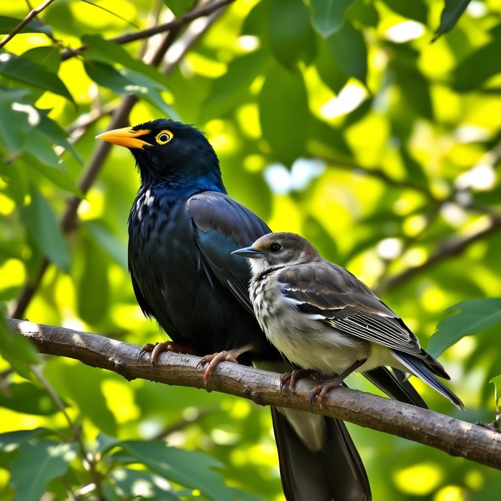 A picturesque scene of a myna and a sparrow sitting together on a branch, surrounded by lush green foliage