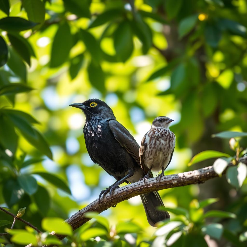 A picturesque scene of a myna and a sparrow sitting together on a branch, surrounded by lush green foliage