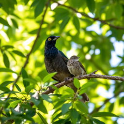 A picturesque scene of a myna and a sparrow sitting together on a branch, surrounded by lush green foliage