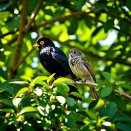 A picturesque scene of a myna and a sparrow sitting together on a branch, surrounded by lush green foliage