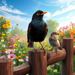 A vibrant scene featuring a Myna bird and a Sparrow perched on a rustic wooden fence