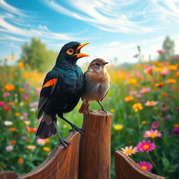 A vibrant scene featuring a Myna bird and a Sparrow perched on a rustic wooden fence