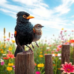 A vibrant scene featuring a Myna bird and a Sparrow perched on a rustic wooden fence