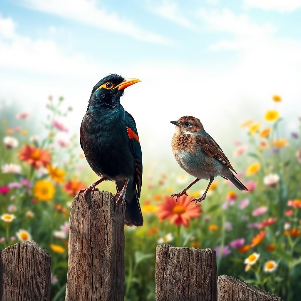 A vibrant scene featuring a Myna bird and a Sparrow perched on a rustic wooden fence