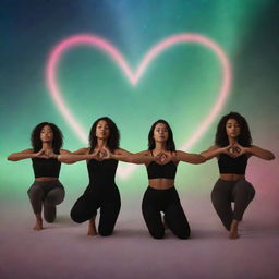 A serene imagery of a group of diverse women doing body flow exercises, enveloped by a symbolic heart-shaped aurora. The atmosphere is calming, representing a heart-opening meditation at the end of a Valentine's Day event.