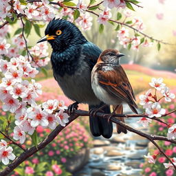 A detailed depiction of a myna bird and a sparrow perched together on a blossoming cherry tree branch