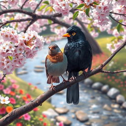 A detailed depiction of a myna bird and a sparrow perched together on a blossoming cherry tree branch